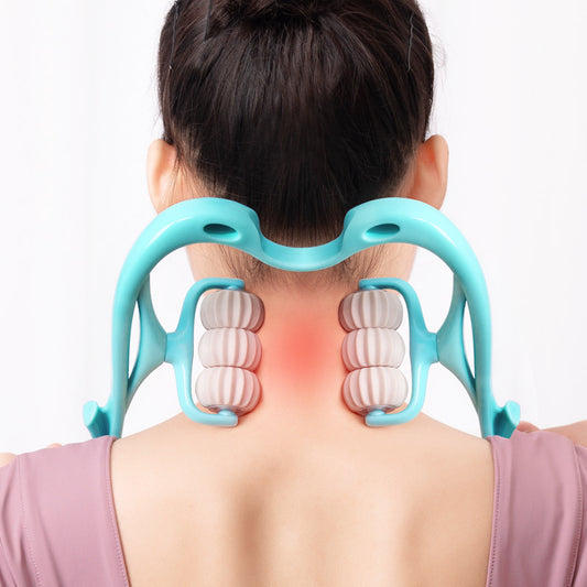 Manual six-wheel neck massage roller, a multifunctional massage tool for relieving neck tension and muscle pain.