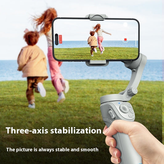 Rhichies DropStore portable folding gimbal stabilizer for smartphones, showing its compact design and adjustable grip in use