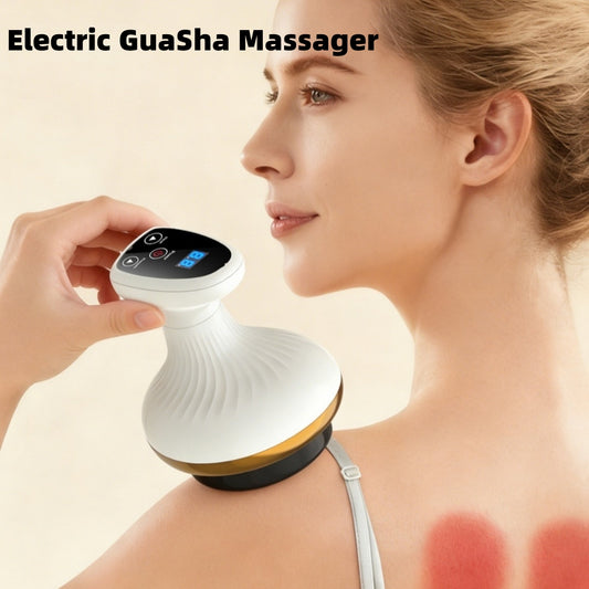 Electric Gua Sha Board and Cupping Device for facial and body massage, with textured surface and ergonomic handle for home use.